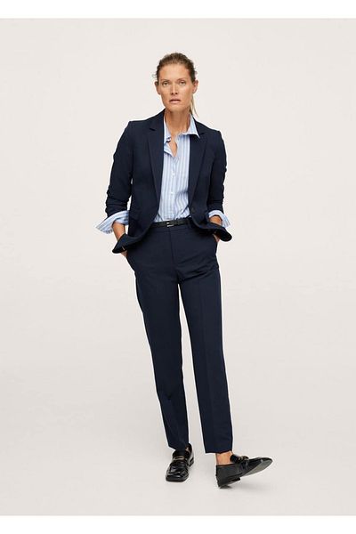 MANGO Woman Pantaloni de damă bleumarin din stofă cu curea