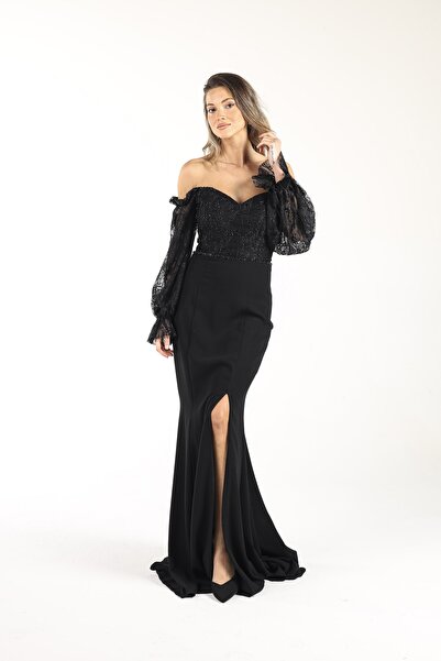 ALİS DRESS Siyah Üstü Dantel Ve Boncuk Işlemeli Balık Abiye