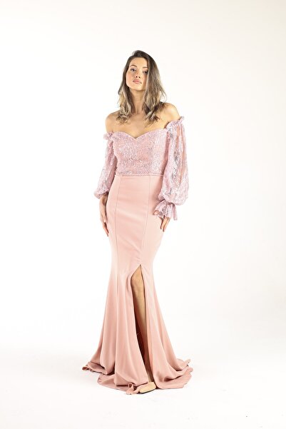 ALİS DRESS Pudra Üstü Dantel Ve Boncuk Işlemeli Balık Abiye