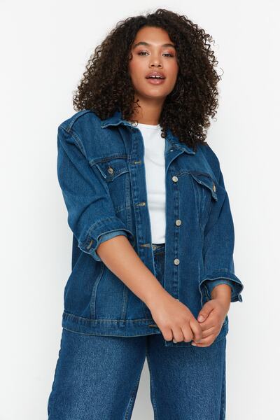 Trendyol Curve Μπλε Oversize/Loose Fit Τζιν μπουφάν με λεπτομέρεια τσέπης TBBSS22YE00000