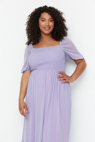 Trendyol Curve Λεπτομερές υφαντό φόρεμα με λιλά Frill TBBSS22EL00026