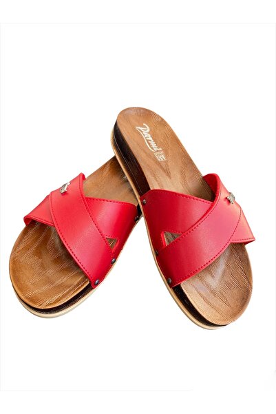 PARMİ Günlük Ahşap Desenli Çapraz Bant Kırmızı Rahat Terlik