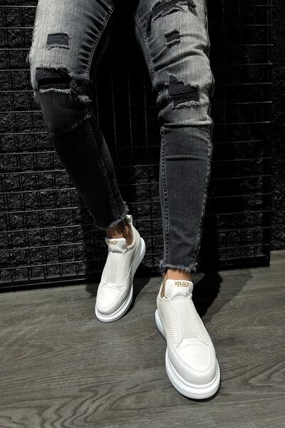 Mida Shoes White Leather Elastic High Sole Outdoor Men's Sneaker