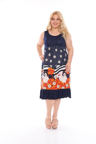 Şirin Butik Women's Large Size Navy Blue Orange Floral Patterned Sleeveless Viscose Dress
