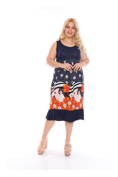 Şirin Butik Women's Large Size Navy Blue Orange Floral Patterned Sleeveless Viscose Dress