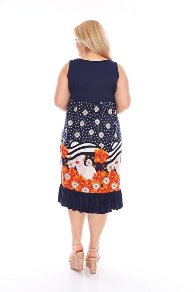 Şirin Butik Жіноче велике розмір синьо-помаранчеве сукня з квітковим візерунком без рукавів з віскози