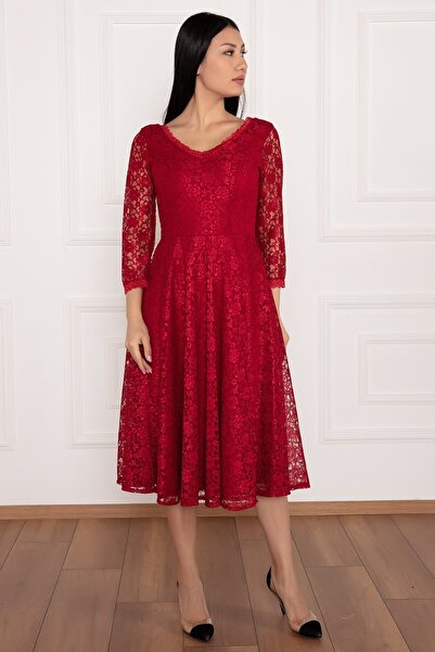 PULLIMM Dantel Turvakar Kol Midi Abiye Elbise 13255