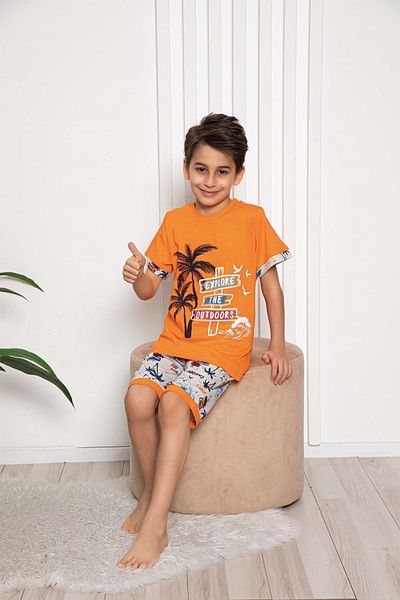 Tarık Boy's Short Pajama Set Palmiye Cotton
