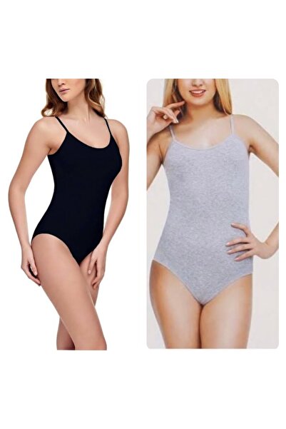 Kadın 2'li Siyah&gri Ip Askılı Çıtçıtlı Body