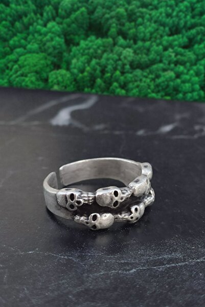 The Collection Minimal Kurukafa Yüzük Ayarlanabilir Eskitme Gümüş Kaplama