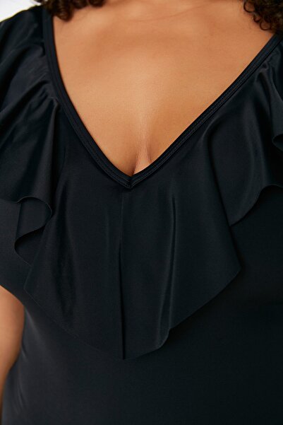 Trendyol Curve Μαύρο μαγιό με βολάν με βολάν με βαθύ V λαιμόκοψη TBBSS22MA0299