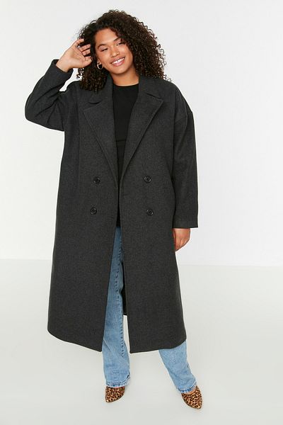 Trendyol Curve Plus Size Coat - Black - Basic
