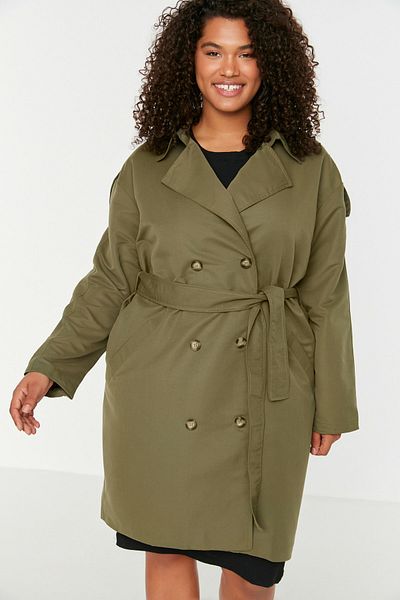 Trendyol Curve Khaki ramenní nárameníky Detailní bunda Klopa Pásek Široký Trenčkot TBBAW23BM00001
