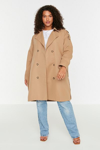 Trendyol Curve Camel APOLET részletes - vállöves széles szezonális kabát TBBAW23BM00001