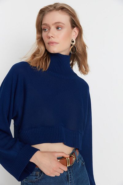 Trendyol Collection Sötétkék Super Crop Basic kötöttáru pulóver TWOAW21KZ0163