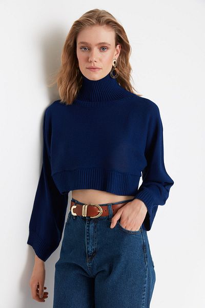 Trendyol Collection Sötétkék Super Crop Basic kötöttáru pulóver TWOAW21KZ0163