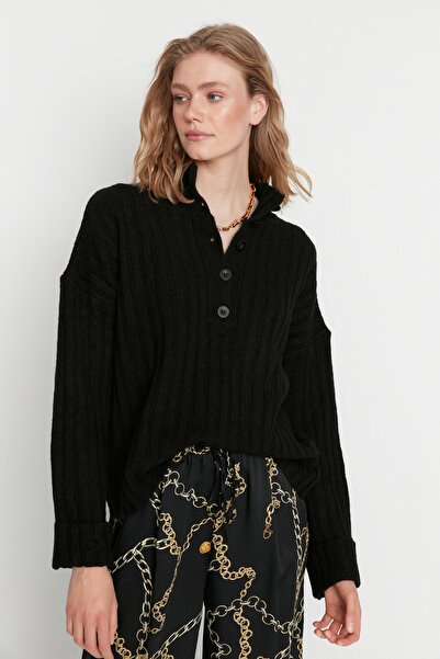Trendyol Collection Pulover de tricotaje negru cu formă largă, cu textura moale, cu guler vertical TWOAW21KZ0783