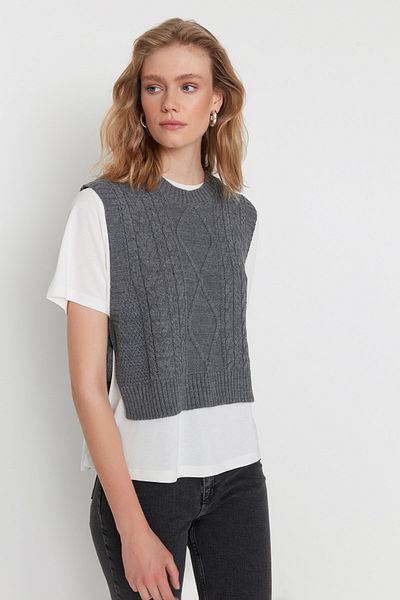 Trendyol Collection Anthrazitfarbener Strickpullover – mit Crop-Schnitt, Seitenband und Bindedetail TWOAW22SV0058