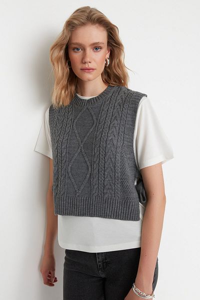 Trendyol Collection Anthrazitfarbener Strickpullover – mit Crop-Schnitt, Seitenband und Bindedetail TWOAW22SV0058
