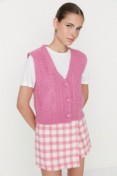 Trendyol Collection Rosa weiche, strukturierte Strickweste TWOAW22BZ0033