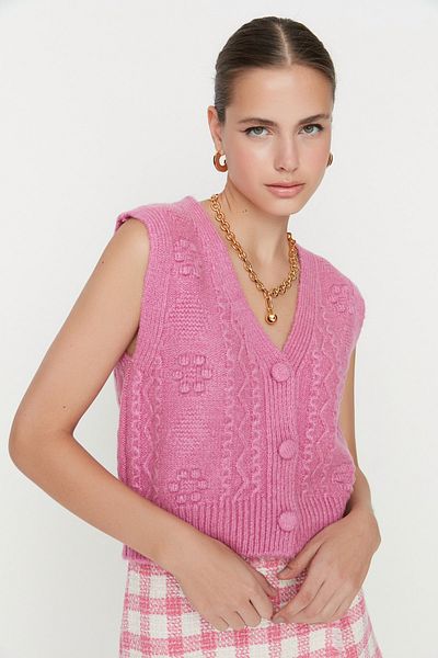 Trendyol Collection Rosa weiche, strukturierte Strickweste TWOAW22BZ0033