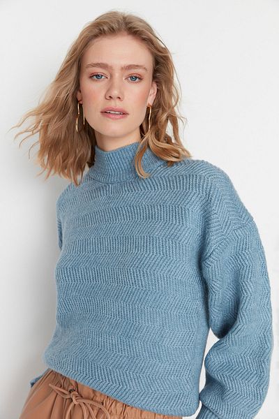Trendyol Collection Pulover albastru din tricotaje de bază cu textura moale TWOAW21KZ0204