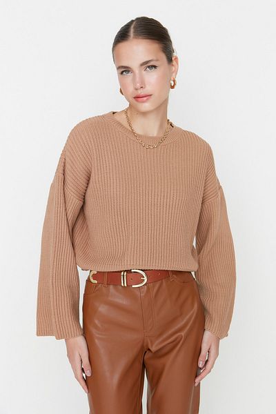 Trendyol Collection Svetry z úpletu Spanish Sleeve Camel Crop - TWOAW20KZ0743
