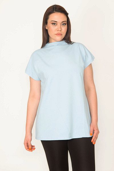 Şans Women's Plus Size Blue Organic Cotton Crew Neck Cup Blouse 65n32664