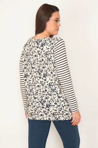 Şans Women's Large Size Bone Back Patterned Striped Blouse 65n32691