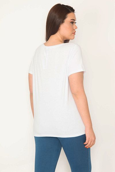 Şans Women's Plus Size White Cotton Fabric Crew Neck Front Printed Blouse 65n32579