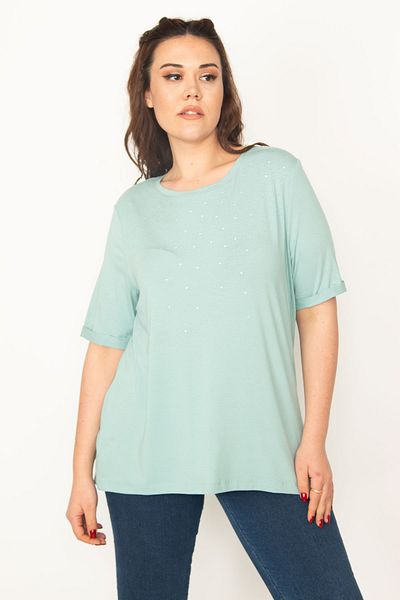 Şans Women's Plus Size Green Double Sleeve Blouse with Stone Detail on the Front 65n32847