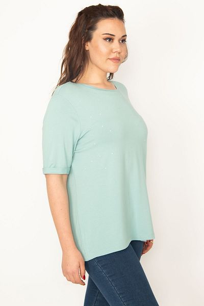 Şans Women's Plus Size Green Double Sleeve Blouse with Stone Detail on the Front 65n32847