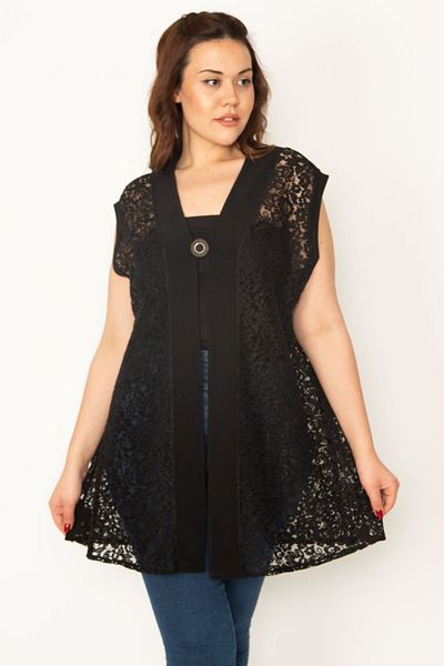 Şans Women's Large Size Black Stoned Brooch Buttoned Lace Cardigan 65n32724