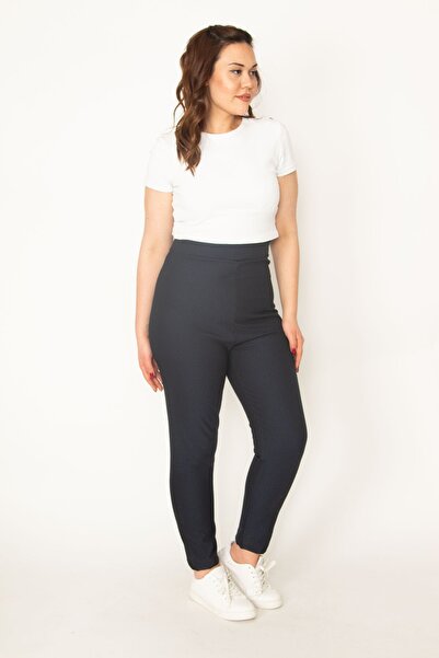 Şans Women's Large Size Navy Blue Self Patterned Trousers 65n32721