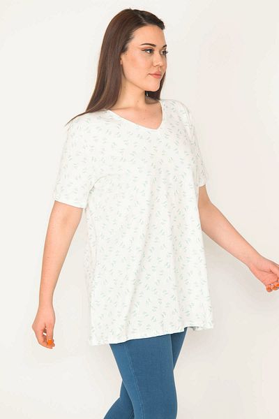 Şans Women's Large Size Bone Cotton Fabric V-Neck Patterned Tunic 65n32654