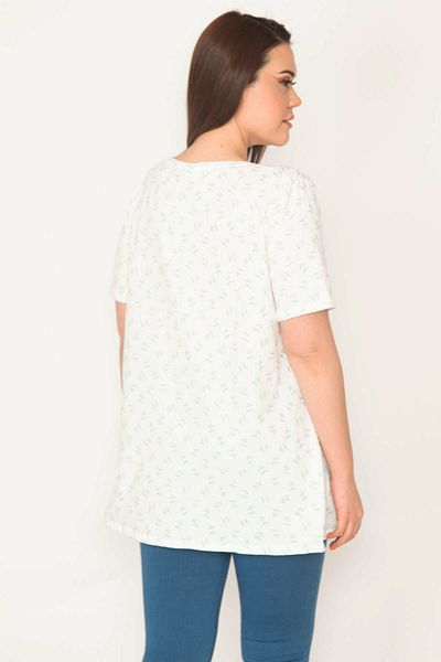 Şans Women's Large Size Bone Cotton Fabric V-Neck Patterned Tunic 65n32654