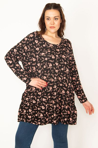Şans Women's Large Size Black Front Buttoned Hem Tiered Tunic 65n32773