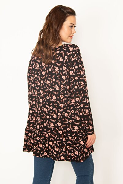 Şans Women's Large Size Black Front Buttoned Hem Tiered Tunic 65n32773