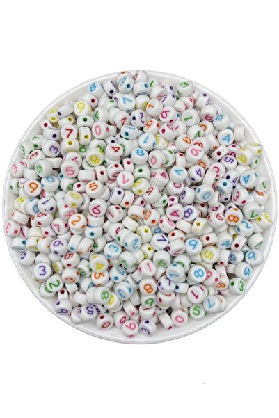 Hedef Bijuteri 25gr Rakam,sayı Boncuk, 4x7mm Beyaz Zemin Üzeri Renkli Yassı R...