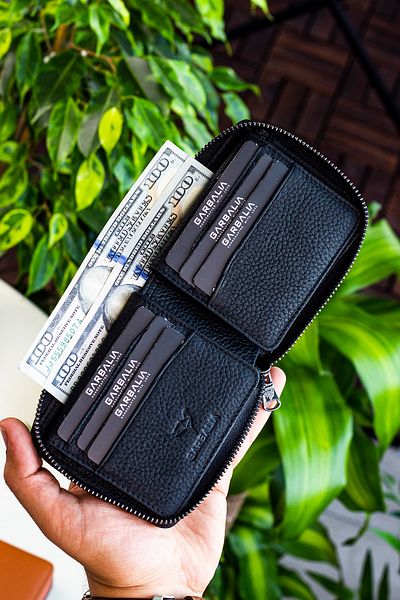Garbalia Unisex Black Carole Genuine Leather Zipper Locking Wallet