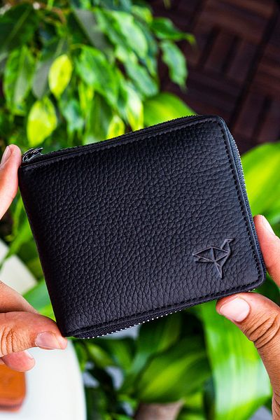 Garbalia Unisex Black Carole Genuine Leather Zipper Locking Wallet