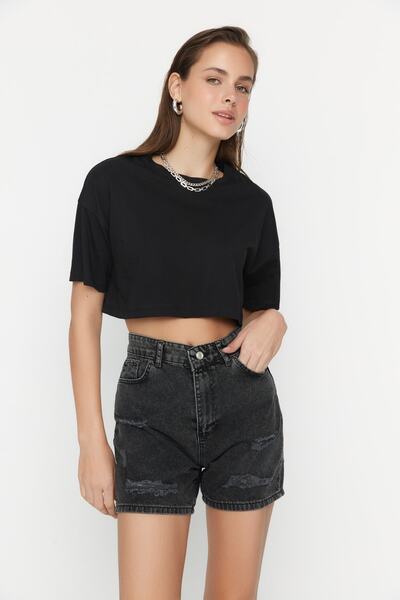 Trendyol Collection Anthracite Ripped Denim Shorts TWOSS22SR00144