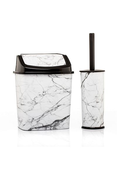 okacih Garbage Can WC Toilet Brush Set of 2 White Marble Patterned Odorless Set