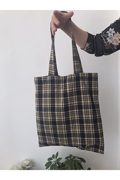 PratikDikisco Vintage Ekose Desenli Kanvas Kumaş Omuz Çantası