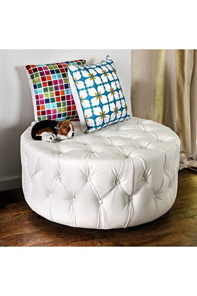 DeccoStil Kapitoneli Yuvarlak Suni Deri Puf/orta Sehpa/75cm