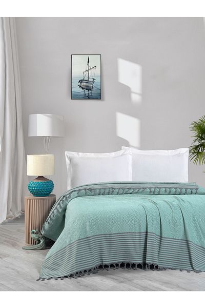 Mulberry Mint Pike Double Comfortable Blanket, Black Tassel, Boho Blanket, Cotton, 200*250