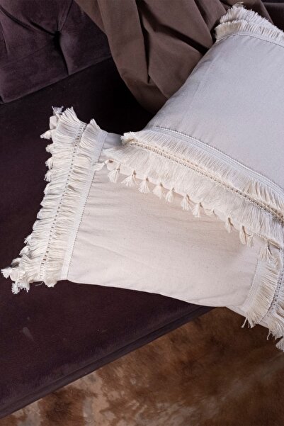 vivamaison Ikili Özel Tasarım Krem Ekru Püsküllü Dantelli Keten Kırlent Yastık Kılıfı 35x55 Cm 2 Adet