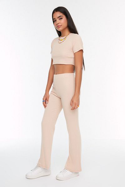 Trendyol Collection Beige Crop Crew Neck Ribbed Stretchy Knitted Blouse and Trousers Top and Bottom Set TWOSS21AU0160