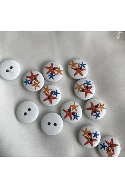 Bukle İplik 23 Size 1.46 cm Two Holes Tree Button with Starfish Print on White (20 Pcs)