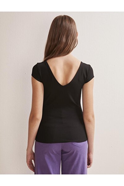 Jimmy Key Bluză neagră cu mânecă scurtă, cu guler pătrat, slim fit